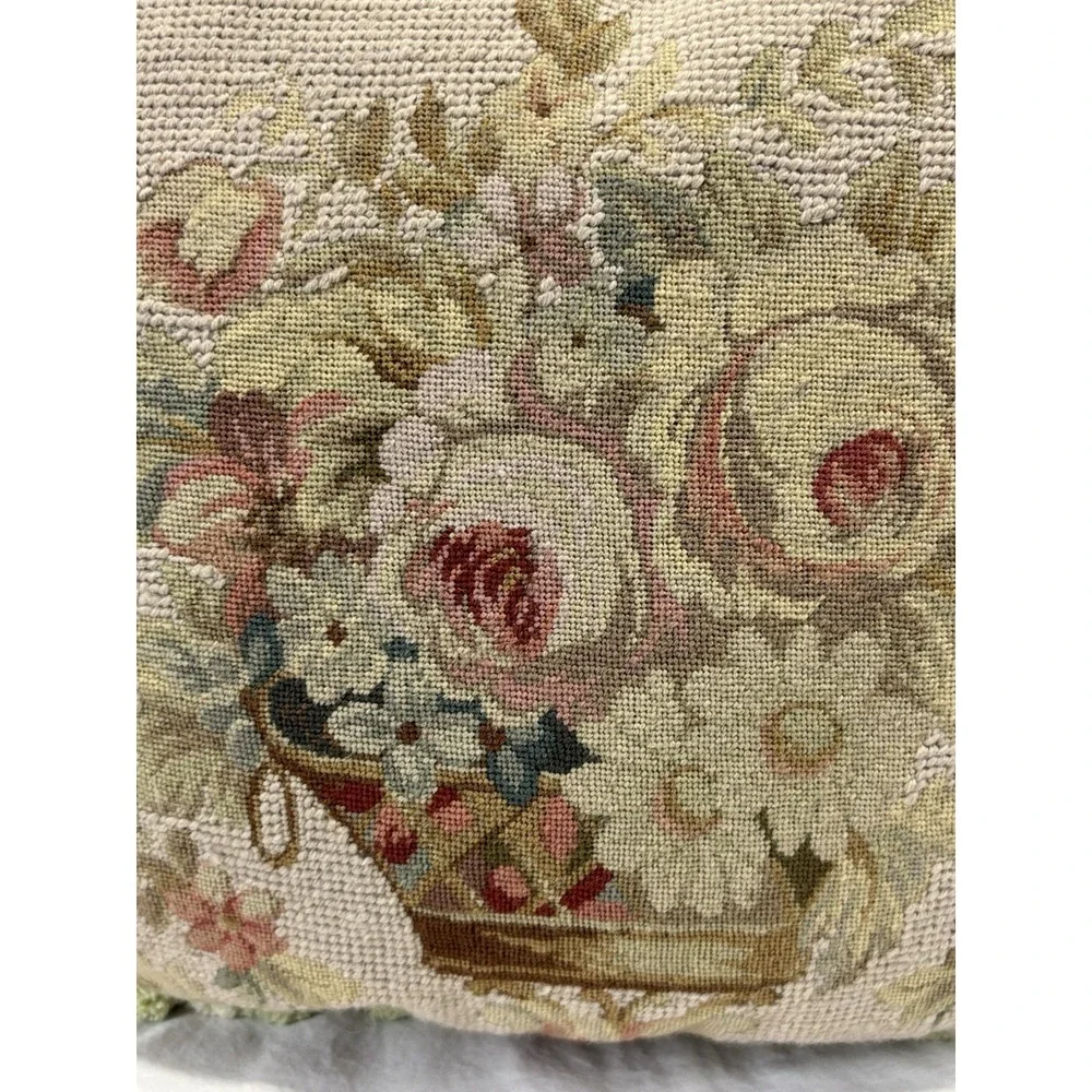 Vtg Aubusson Needlepoint Pillow Floral Bouquet Roses French Chic Petit Point